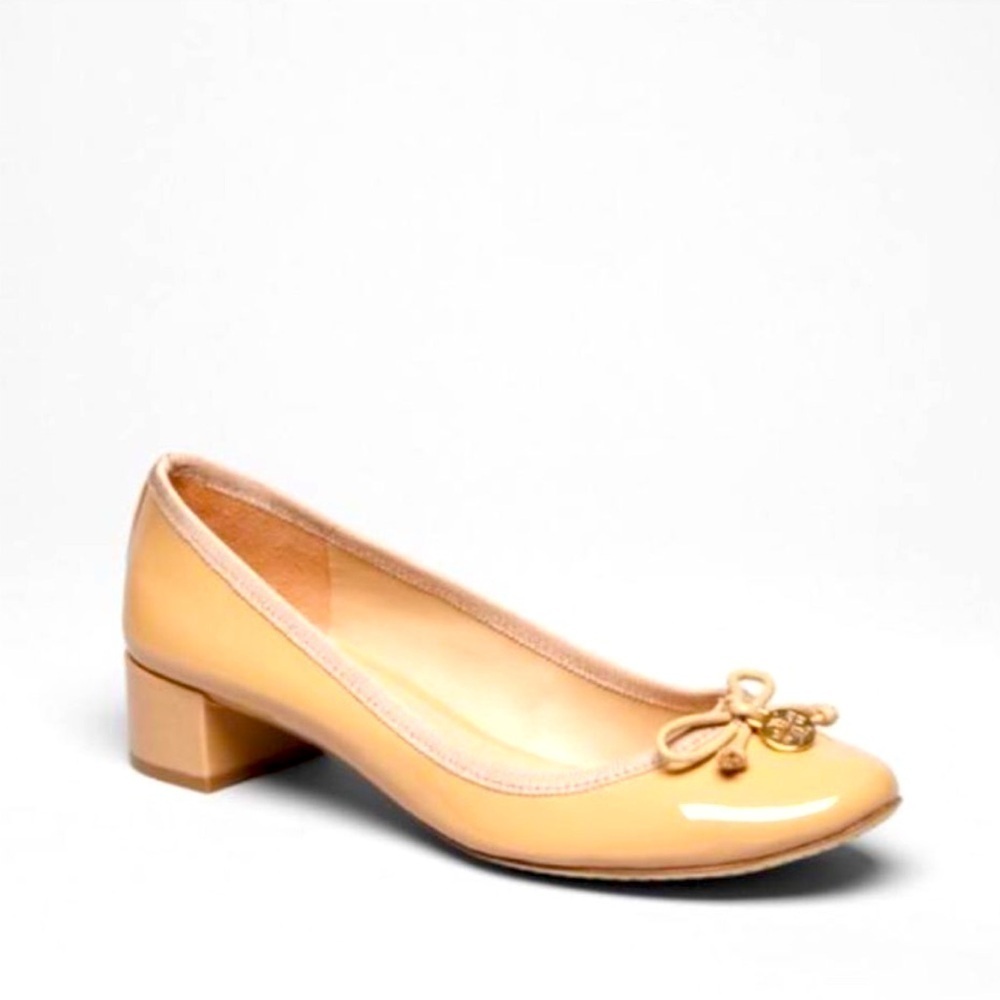 Women’s Beige Patent Low Block Heel Pump with Bow